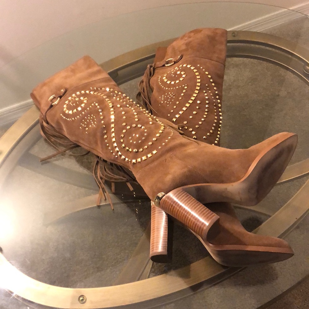 Suede Studded Fringe Heeled Boots - Brown